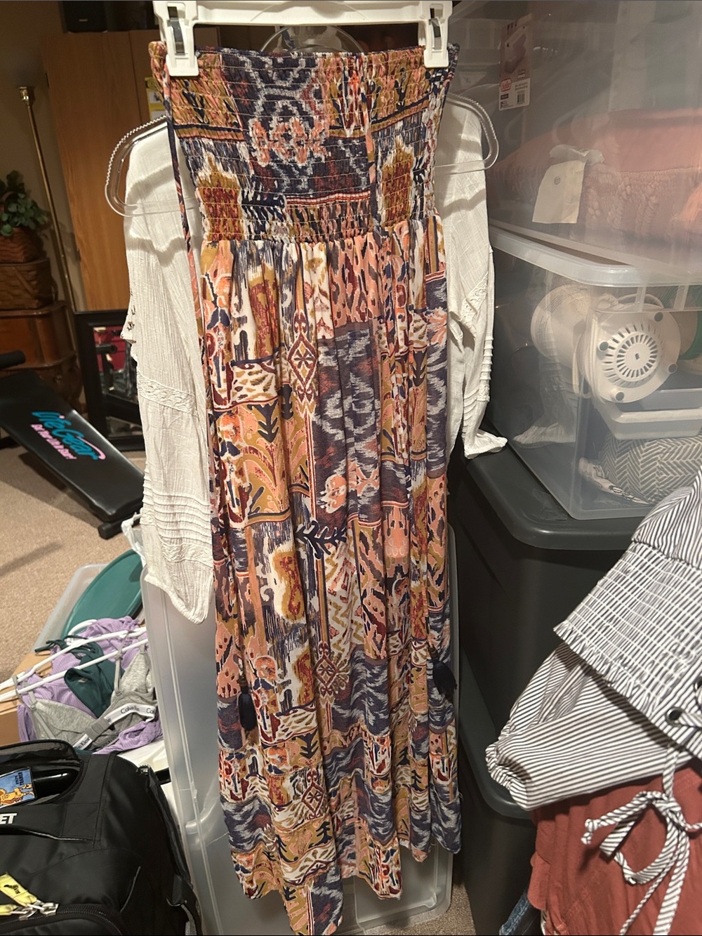 Boho Print Smocked Maxi Dress - Peach Navy